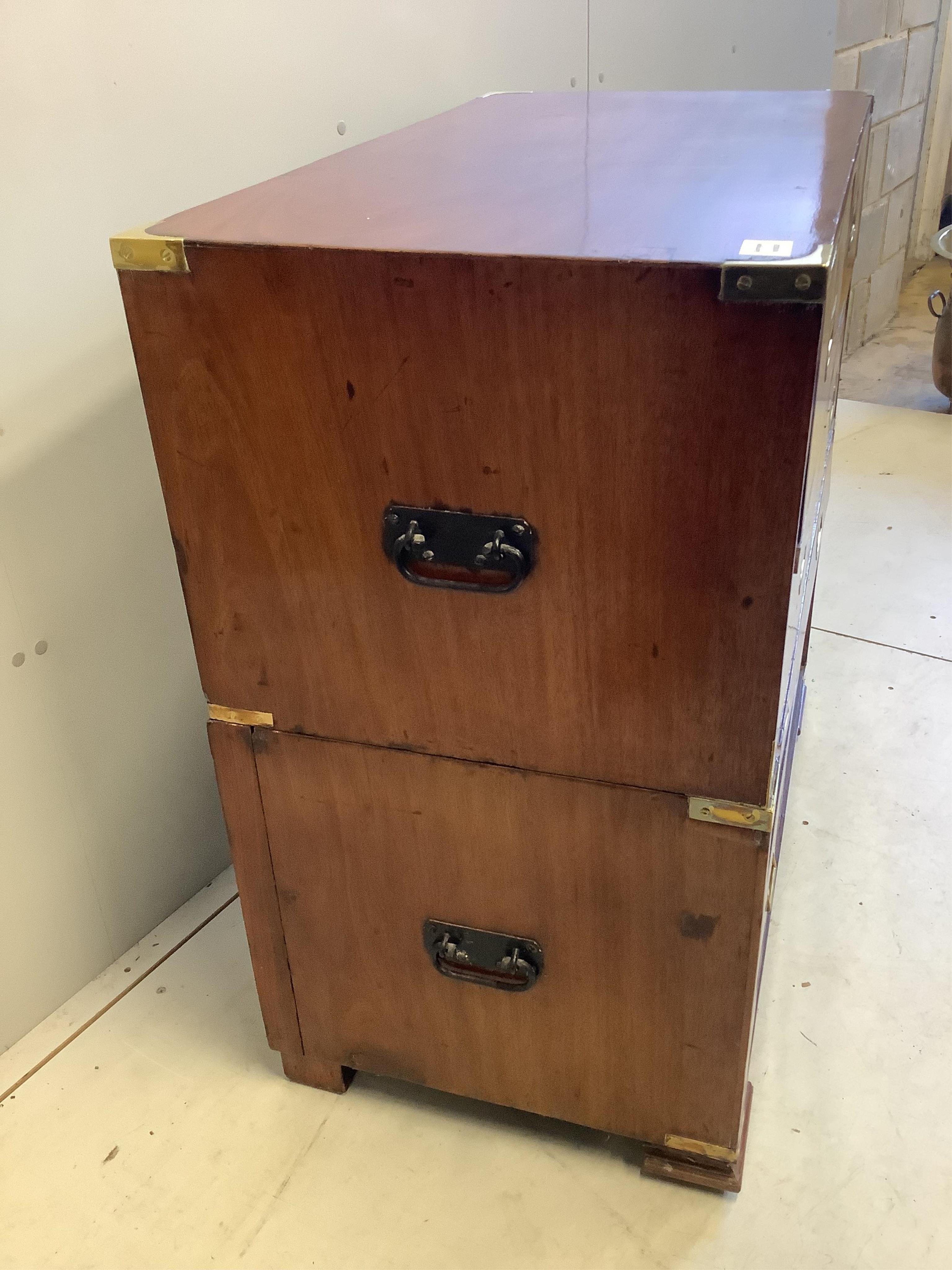 A 19th century military style mahogany two part chest, width 91cm, depth 50cm, height 90cm. Condition - fair to good